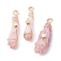 Pink Electroplated Natural Quartz Crystal Dyed Copper Wire Wrapped Pendants, Teardrop Charms with Brass Star, Golden, Pink, 28~39x8~12x8mm, Hole: 4mm