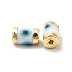 White Handmade Evil Eye Lampwork Beads, with Light Gold Tone Brass Findings, Long-Lasting Plated, Lead Free and Cadimum Free, Column, White, 14.5~15x9~9.5mm, Hole: 1.8mm