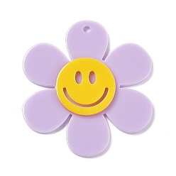 Lilac Opaque Acrylic Big Pendants, Sunflower with Smiling Face Charm, Lilac, 55x50.5x5mm, Hole: 2.5mm