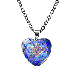 Royal Blue Glass Heart with Mandala Flower Pendant Necklace, Platinum Alloy Jewelry for Women, Royal Blue, 19.69 inch(50cm)