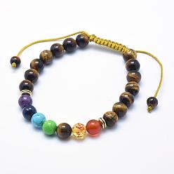 Tiger Eye Natural Tiger Eye Braided Bead Bracelets, with Alloy Spacer Beads and Nylon Cord, 2-1/4 inch(57mm)