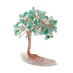Green Aventurine Natural Green Aventurine Tree Display Decoration, Agate Slice Base Feng Shui Ornament for Wealth, Luck, Rose Gold Brass Wires Wrapped, 42~50x74~79x83~86mm