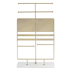 Golden Rectangle Iron Jewelry Display Tower Stands with Marble Base, Jewelry Organizer Holder for Earrings, Bracelet, Necklace Storage, Golden, 22.5x10x38cm
