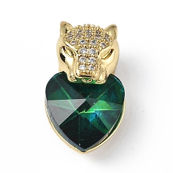 Green Real 18K Gold Plated Rack Plating Brass Micro Pave Clear Cubic Zirconia Pendants, with Glass, Long-Lasting Plated, Cadmium Free & Lead Free, Leopard with Heart Charm, Green, 20x12x10.5mm, Hole: 5x4mm