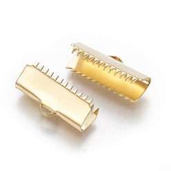 Golden 304 Stainless Steel Ribbon Crimp Ends, Rectangle, Golden, 8.5x20.5mm, Hole: 1.5x2.5mm