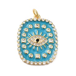 Deep Sky Blue Rack Plating Brass Pave Cubic Zirconia Enamel Pendants, with Jump Ring, Lead Free & Cadmium Free, Real 18K Gold Plated, Long-Lasting Plated, Rectangle with Eye Pattern Charm, Deep Sky Blue, 26x20x2.5mm, Hole: 3.4mm