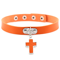 Orange PU Leather Adjustable Choker Necklace, Alloy Cross Pendant Necklace with Stainless Steel Snap Buttons for Women, Orange, 15.75 inch(40cm)