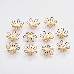 Real 18K Gold Plated 6-Petal Brass Bead Caps, Long-Lasting Plated, Flower, Real 18K Gold Plated, 10x2mm, Hole: 1mm
