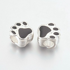 Black Alloy Enamel European Beads, Large Hole Beads, Dog Paw Print, Silver Color Plated, Black, 11x10x7mm, Hole: 4.5mm