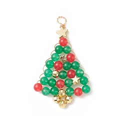 Green Natural Malaysia Jade Dyed Pendants, Green Red Christmas Tree Charms, with Golden Tone Copper Wire Wrapped, Green, 46x26.5x4.2mm, Hole: 3.5mm