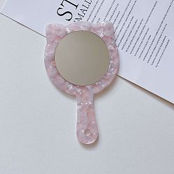 Pink Cute Cat Portable Makeup Mirror with Handle and Retro Acetic Acid Marble Pattern