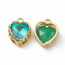 Emerald Heart K9 Glass Charms, Faceted, with Light Gold Tone Brass Edge, Emerald, 14.5x12x5.5mm, Hole: 1.6mm