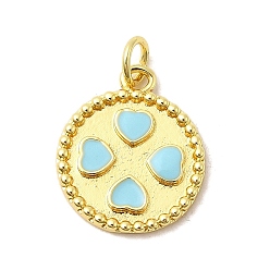 Синий Латунь эмаль подвески, плоские круглые с подвесками в виде сердечек и соединительными кольцами, без свинца и без кадмия, долговечный, стойки покрытие, реальный 18 k позолоченный, синие, 17.5x15x2 мм, отверстие : 3.4 мм