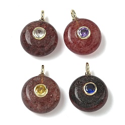 Клубничный Кварц Плоские круглые подвески из натурального клубничного кварца, с латунными микро проложить кубических выводы циркония, золотые, 18.5x14x8 мм, отверстие : 2x1 мм