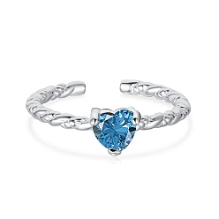 Blue Rhodium Plated 925 Sterling Silver Twist Open Finger Rings, Birthstone Ring, with Cubic Zirconia for Women, Heart Cuff Ring, Real Platinum Plated, Blue, 1.8mm, US Size 7(17.3mm)