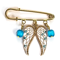 Deep Sky Blue Evil Eye Angel Wing Charms Alloy Enamel Kilt Pins, with Lucky Eye Lampwork Beads, Golden, Deep Sky Blue, 50mm, Pendant: 49x24mm