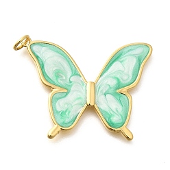 Аквамарин Подвески из латуни с эмалью в стойку, с целью перехода в кольце, без кадмия и без свинца, долговечный, реальный 18 k позолоченный, очарование бабочки, аквамарин, 27x33x2.5 мм, отверстие : 3.5 мм