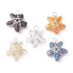 Silver Copper Wire Wrapped Handmade Lampwork Pendants, Starfish, Silver, 17x14x6mm, Hole: 2mm