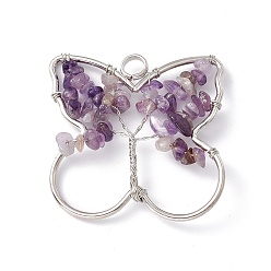 Amethyst Butterfly Natural Amethyst Copper Wire Wrapped Chip Big Pendants, Tree of Life Charm, with Platinum Tone Iron Findings, 51x51x8mm, Hole: 6.2mm