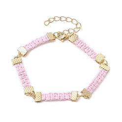 Pink Braided Waxed Polyester Rectangle Link Chain Bracelets, with Real 18K Gold Plated 304 Stainless Steel Clasps, Pink, 6-3/4 inch(17.3cm)