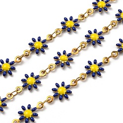 Dark Blue Ion Plating(IP) Golden 304 Stainless Steel Flower Link Chain, with Enamel, with Spool, Unwelded, Dark Blue, 12.5~13x7~8x2mm, 5m/roll
