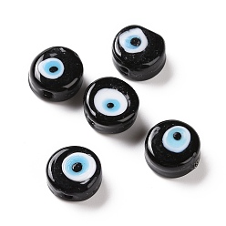 Black Handmade Evil Eye Lampwork Beads, Flat Round, Black, 11.5~12x5.5mm, Hole: 1~1.2mm