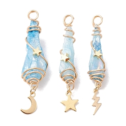 Light Sky Blue 3Pcs 3 Styles Electroplated Natural Quartz Crystal Copper Wire Wrapped Pendants, TearDrop Charms with Golden Tone Alloy Moon & Star & Sun & Lightning Bolt, Light Sky Blue, 44.5~48.5x8~10.5x6.5~13mm, Hole: 4mm, about 1pc/style