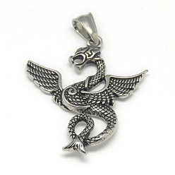 Antique Silver Fashionable Retro 304 Stainless Steel Dragon Pendants, Antique Silver, 40.5x34x4mm, Hole: 4x7mm