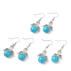 Synthetic Turquoise Deep Sky Blue Synthetic Turquoise Round Beaded Fairy Dangle Earrings, Platinum Brass Jewelry for Women, Cadmium Free & Lead Free, 45mm, Pin: 0.7mm