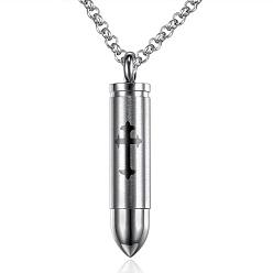 Stainless Steel Color Titanium Steel Bullet with Cross Pendant Necklace, Stainless Steel Color, 21.65 inch(55cm)