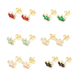 Mixed Color Brass Micro Pave Cubic Zirconia Stud Earring, Real 18K Gold Plated, Flower, Mixed Color, 6x8.5mm, Pin: 1mm