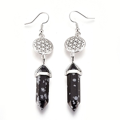 Snowflake Obsidian Pointed Bullet Natural Snowflake Obsidian Dangle Earrings, with Brass Earring Hooks and Flat Round with Flower of Life Links, Platinum, 77mm, Pin: 0.7mm