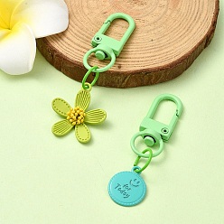Светло-зеленый Подвесные украшения из сплава, окрашенные распылением, с застежками из сплава с поворотными карабинами, цветок и плоский круг, светло-зеленый, 55~74 мм, 2 шт / комплект