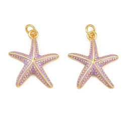 Medium lila Messing Emaille-Anhänger, Seestern Charms, langlebig überzogen, Gestell, cadmiumfrei und bleifrei, golden, Medium lila, 22x18x3 mm, Bohrung: 3.5 mm