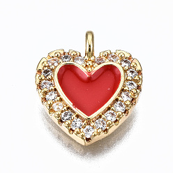 Красный Латунные микропаве прозрачные кубические циркониевые подвески, с эмалью, без кадмия, без никеля и без свинца, сердце, реальный 16 k позолоченный, красные, 13x11x2.5 мм, отверстие : 1.8 мм