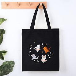 Cat Shape DIY Bohemian Style Canvas Tote Bag Embroidery Starter Kits, including Black Cotton Fabric Bag, Embroidery Hoop, Needle, Threads, Cat Pattern, 400x300mm