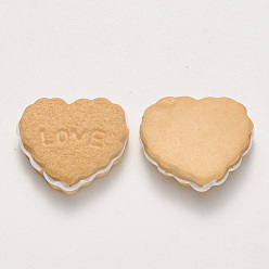 Wheat Resin Decoden Cabochons, Imitation Food Biscuits, Heart with Word LOVE, Wheat, 18x20~21x6mm