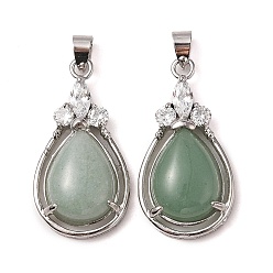 Зеленый Авантюрин Естественный зеленый авантюрин подвески, Подвески-капли из латуни с платиновым покрытием и хрустальными стразами, без кадмия и без свинца, 35x19x8 мм, отверстие : 7.5x4.5 мм
