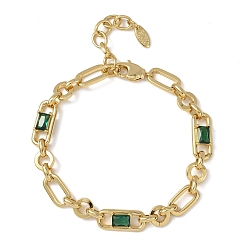 Зеленый Браслет-цепочка из латуни в виде кольца и скрепки с микропаве из кубического циркония для женщин., реальный 18 k позолоченный, без кадмия и без свинца, стойки покрытие, долговечный, зелёные, 6.89 дюйм (17.5 см)