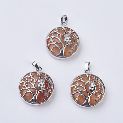 Red Aventurine Natural Red Aventurine Pendants, with Brass Findings, Flat Round with Tree of Life, Platinum, 31~32x27x8~9mm, Hole: 5x7mm
