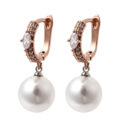 Розовое Золото Серьги-кольца из латуни с микропаве из кубического циркония, с пластмассовой жемчужиной abs, долговечный, стойки покрытие, без свинца и без кадмия, розовое золото , 30x11.5 мм