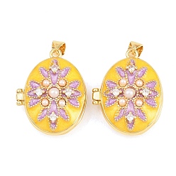 Желтый Подвески латуни медальон, с эмалью и абс пластика имитация жемчуга, без кадмия и без свинца, реальный 18 k позолоченный, стойки покрытие, долговечный, овальные амулеты, желтые, 26.5x21x10.5 мм, отверстие : 3x5 мм
