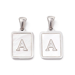 Letter A 304 Stainless Steel Pave Shell Pendants, Rectangle Charm, Stainless Steel Color, Letter A, 17.5x12x1.5mm, Hole: 3x5mm