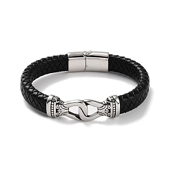 Antique Silver Men's Braided Black PU Leather Cord Bracelets, Lock 304 Stainless Steel Link Bracelets with Magnetic Clasps, Antique Silver, 8-3/4 inch(22.2cm)
