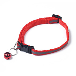 Red Adjustable Polyester Reflective Dog/Cat Collar, Pet Supplies, with Iron Bell and Polypropylene(PP) Buckle, Red, 21.5~35x1cm, Fit For 19~32cm Neck Circumference