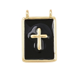 Черный Латунь эмаль подвески, прямоугольник с поперечными прелести, без свинца и без кадмия, долговечный, реальный 18 k позолоченный, стойки покрытие, чёрные, 18.5x12x3 мм, отверстие : 1.2 мм