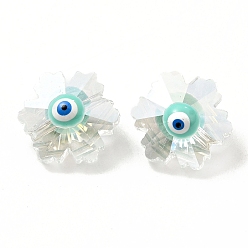 Aquamarine Transparent Glass Beads, with Enamel, Faceted, Snowflake with Evil Eye Pattern, Aquamarine, 12.5x14x9mm, Hole: 1.2mm