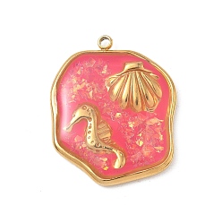 Светло-Вишневый 304 подвески из нержавеющей стали, эпоксидной смолы, с натуральными ракушками и пайетками внутри, самородки с подвесками в форме морского конька и ракушки, реальный 18 k позолоченный, вакуумное покрытие pvd, светло-вишневый, 24x19.5x2.5 мм, отверстие : 1.5 мм