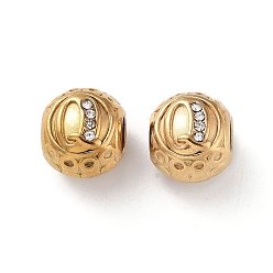 Letter Q 304 Stainless Steel Rhinestone European Beads, Round Large Hole Beads, Real 18K Gold Plated, Round with Letter, Letter Q, 11x10mm, Hole: 4mm