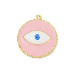 Pink Латунь эмаль подвески, реальный 18 k позолоченный, долговечный, без кадмия и без свинца, стойки покрытие, плоский круглый с шармом в виде глаз, розовые, 27.5x24.5x3.5 мм, отверстие : 1.6 мм